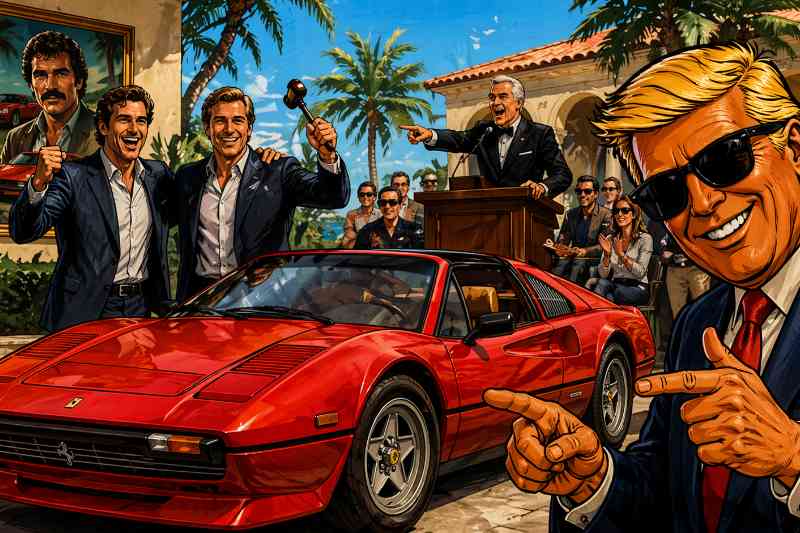 Grafik: Der legendäre 308 GTS aus der Serie „Magnum“. Baujahr 1979. Rot.