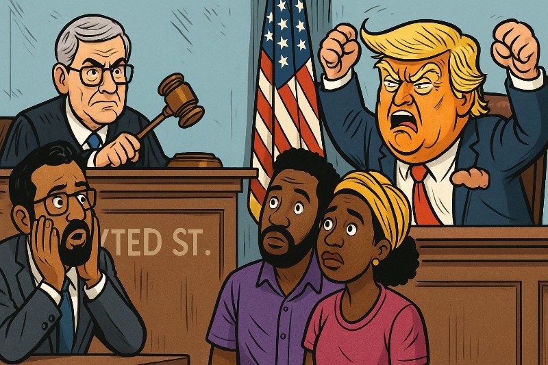 Grafik: Donald J. Trump wurde gleich zweimal von etwas gestoppt, das er sonst nur als Nebengeräusch wahrnimmt: Gerichte.
