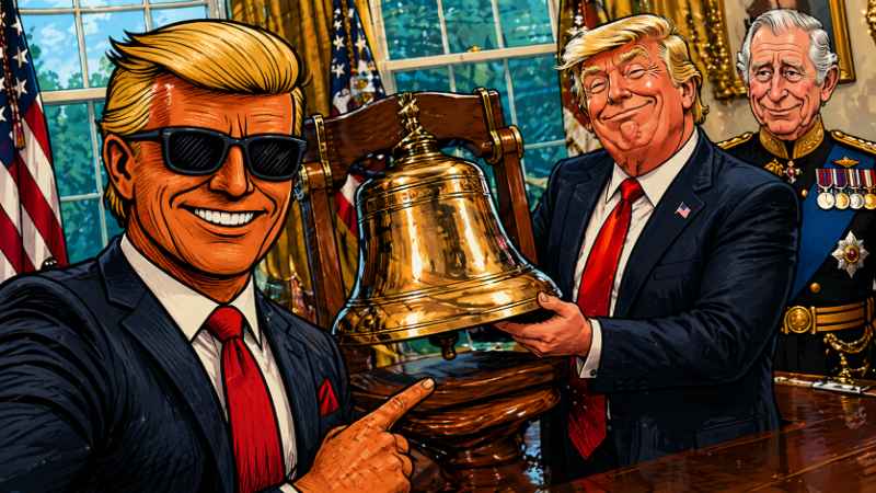 Grafik: Eine Glocke mit der Aufschrift „TRUMP“. Groß. Fett. Unübersehbar.