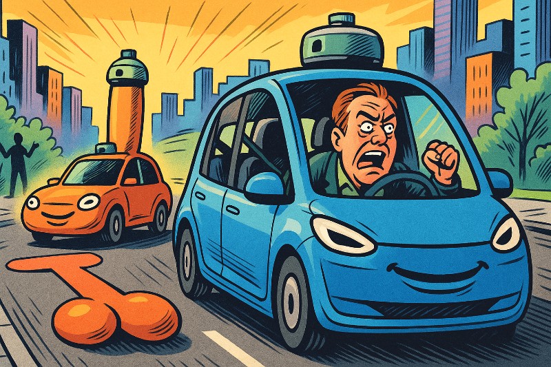 Grafik: Wenn Robotaxis mit Penis-Form um die Wette fahren, während die Menschheit das Lenkrad verliert