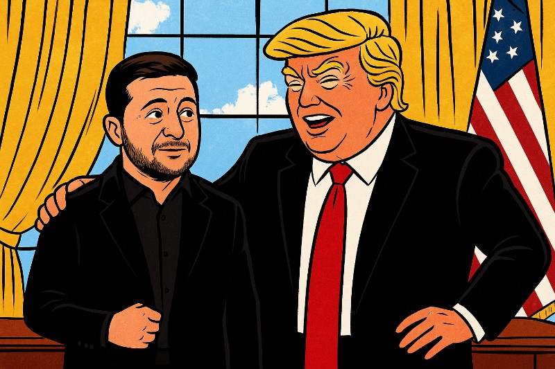 Grafik: Selenskyj in Schwarz, Trump in Ekstase