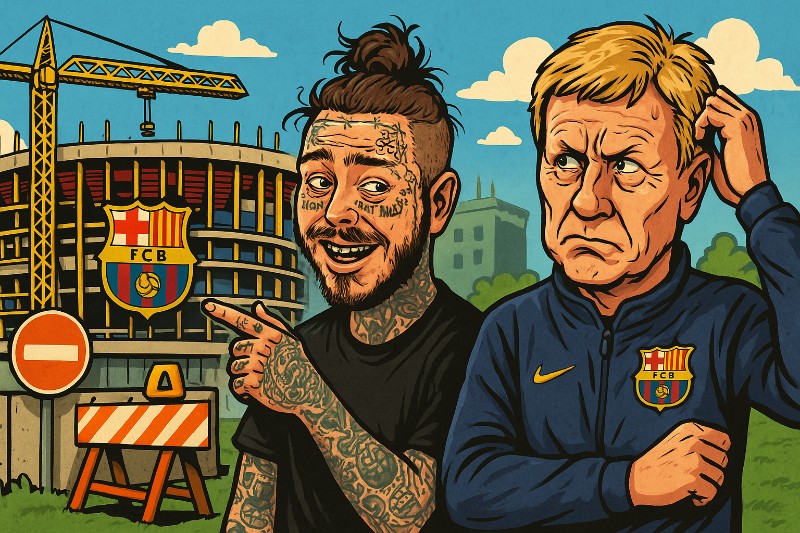 Grafik: Barça ohne Zuhause – Flicks Team zwischen Bauamt, Bierzelten und Post Malone