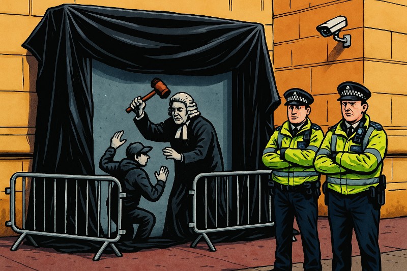Grafik: Banksy, der Richter mit dem Spraydosen-Hammer – Kunst, Justiz und britische Panikattacken