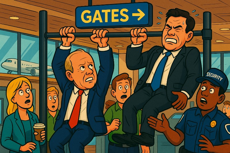 Grafik: Sport. Am Flughafen. Mit Ministern.