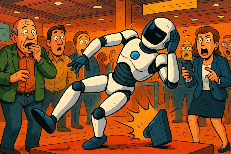 Grafik: Der Tesla-Roboter „Optimus“ greift sich an den Kopf, wankt wie nach einer schlechten Partynacht und kippt einfach um