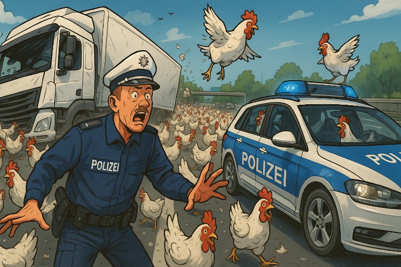 Grafik: 5000 Hühner sind ausgebrochen. Auf der Autobahn. In Deutschland.