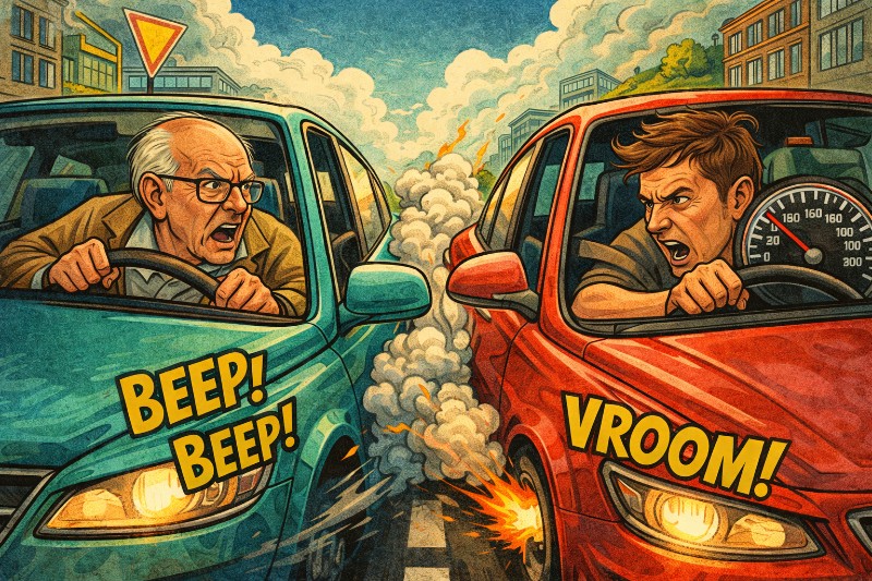 Grafik: Alt nimmt die Vorfahrt, jung nimmt das Gaspedal