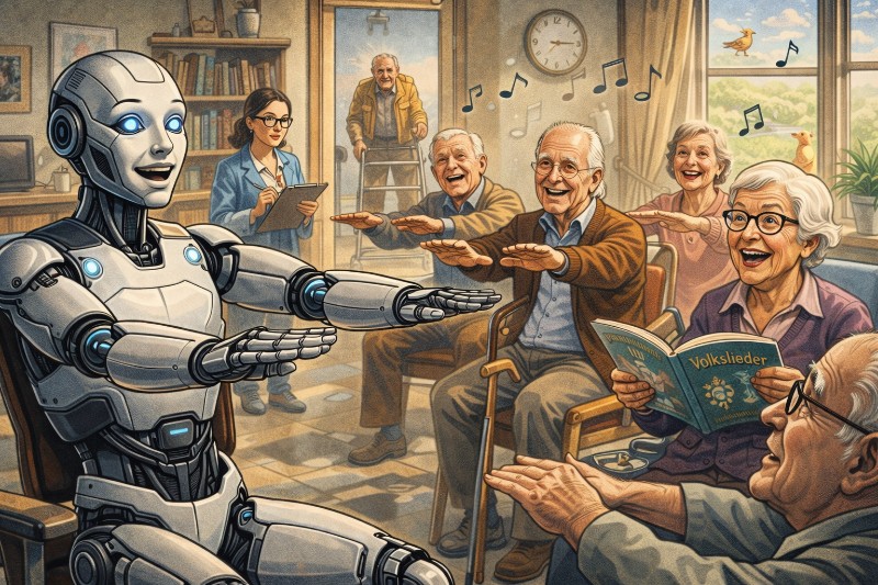 Grafik: Ein Roboter. Singt. Ein Volkslied. Mit Menschen.