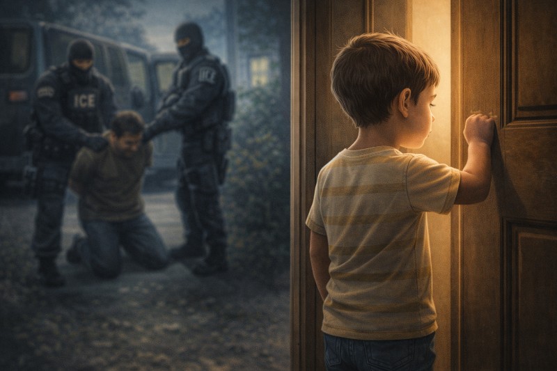 Grafik: Maskierte Männer, ein Haus und ein Kind