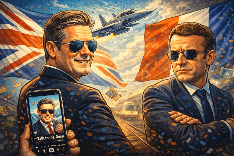 Grafik: Keir Starmer mit Pilotenbrille schickt Macron in den Tiefflug