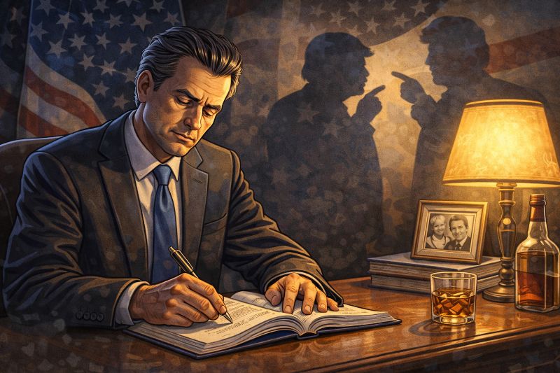 Grafik Gavin Newsom, der junge Mann in Eile