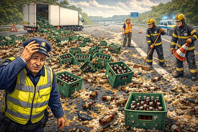 Grafik: Und plötzlich lagen rund 100 Kisten Bier auf der Autobahnauffahrt.