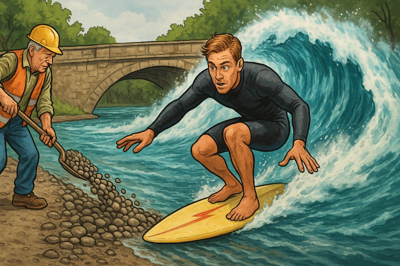 Kies statt Krise – Wie München seine Surferwelle mit Schotter, Hoffnung und Bauamt-Magie retten will