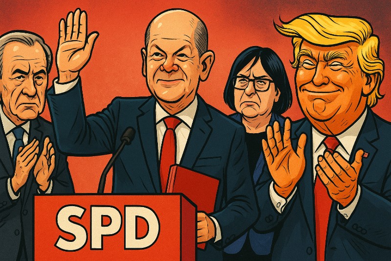 Olaf Scholz verlässt die Bühne – und Ronald Tramp applaudiert höflich. Mit nur einer Hand.