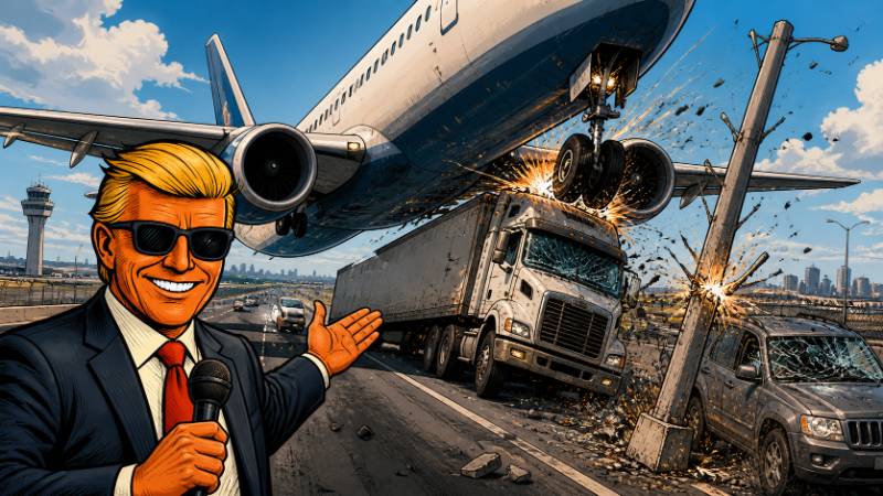 Grafik: Chaos Landung: Jet trifft Lastwagen und Pfahl
