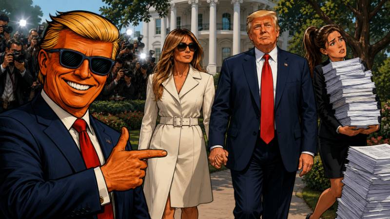 Grafik: Melania, Donald und die Human Printer im Weißen Haus