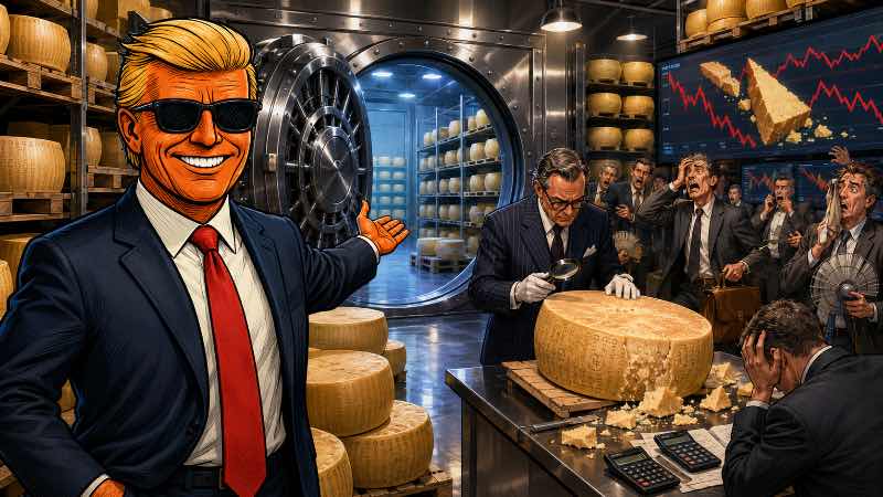 Grafik: Käse-Crash? Ronald Tramp prüft den Parmesan-Euro