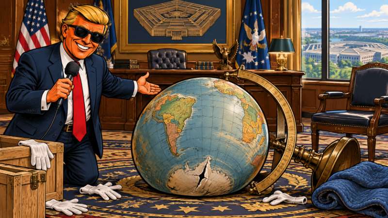 Ronald Tramp präsentiert im Pentagon einen beschädigten historischen Globus, dessen Kartenhülle nahe der Antarktis eingerissen ist.
