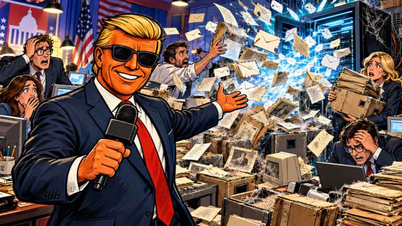 Satirische Real-Comic-Illustration zum AfD-Hackerangriff: Reporter Ronald Tramp steht grinsend mit Sonnenbrille und Mikrofon vor einem chaotischen Serverraum. Aus alten, verstaubten Servern fliegen E-Mails und Dokumente.
