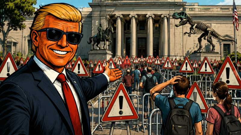 Grafik: Ronald Tramp im Museum der Warnschilder