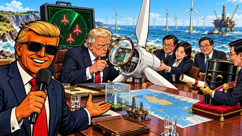 Ronald Tramp beobachtet, wie ein US-Präsident ein Windrad prüft, während ein Ölbarrel einen Offshore-Pachtvertrag erhält.