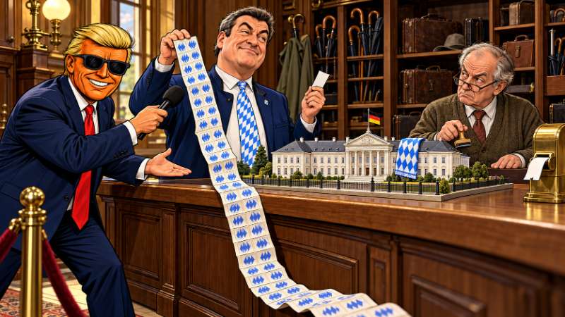 Ronald Tramp interviewt Söder, der am Fundbüro-Schalter ein langes Bonusheft neben einem Modell von Schloss Bellevue zeigt.