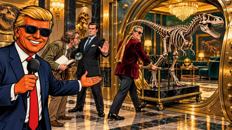 Satirisches Real-Comic-Bild: Ronald Tramp präsentiert grinsend einen luxuriösen Showroom, in dem ein Sammler ein Dinosaurierskelett in einen goldenen Tresor schiebt. Ein Anzugträger versperrt einem Forscher mit Lupe und Notizbuch den Zugang.