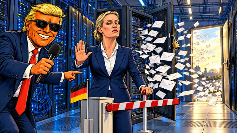 Alice Weidel bewacht einen Schlagbaum im Serverraum, während Mails davonfliegen und Ronald Tramp grinsend darauf zeigt.