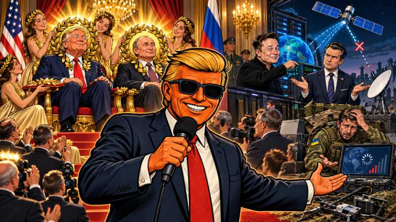 Ronald Tramp zeigt Trump und Putin als gefeierte Humanisten, während Musk und Hegseth die Ukraine im Funkloch stehen lassen.